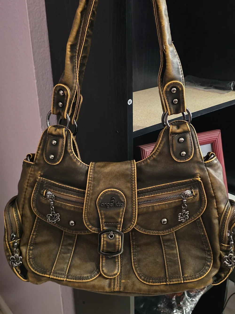 Angel Kiss Distressed Brown Shoulder Bag with Buckle & Charm Accents